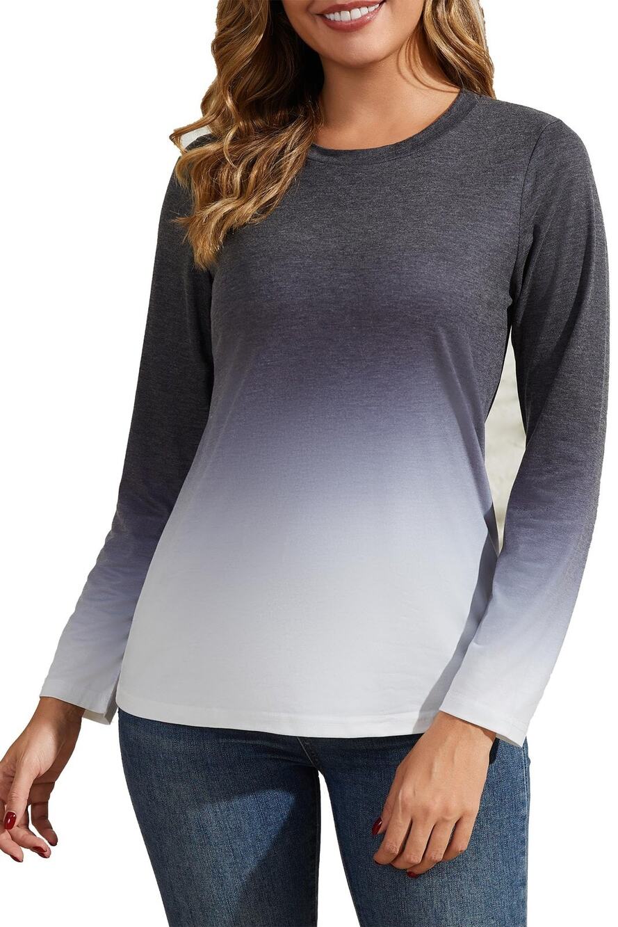 Ficoribety Womens Long Sleeve Shirt Sz S Small Gray Ombre Crewneck Top NWT